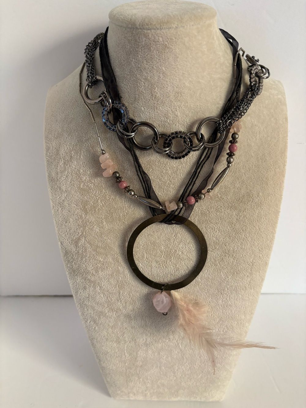 Boho Layered Necklace Set Feather Pendant Mixed Metal Pink Bead Bundle